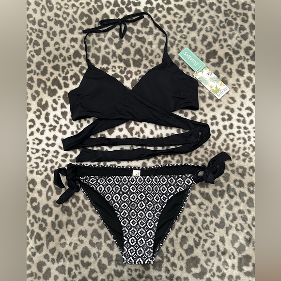shekini Other - Shekini Women’s Criss Cross Black Halter Bandage Bikini Geometric Bottoms Small